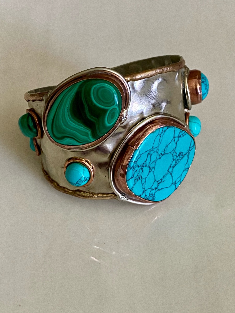 Silver Tone Bracelet Blue & Green Stones Statement Cuff